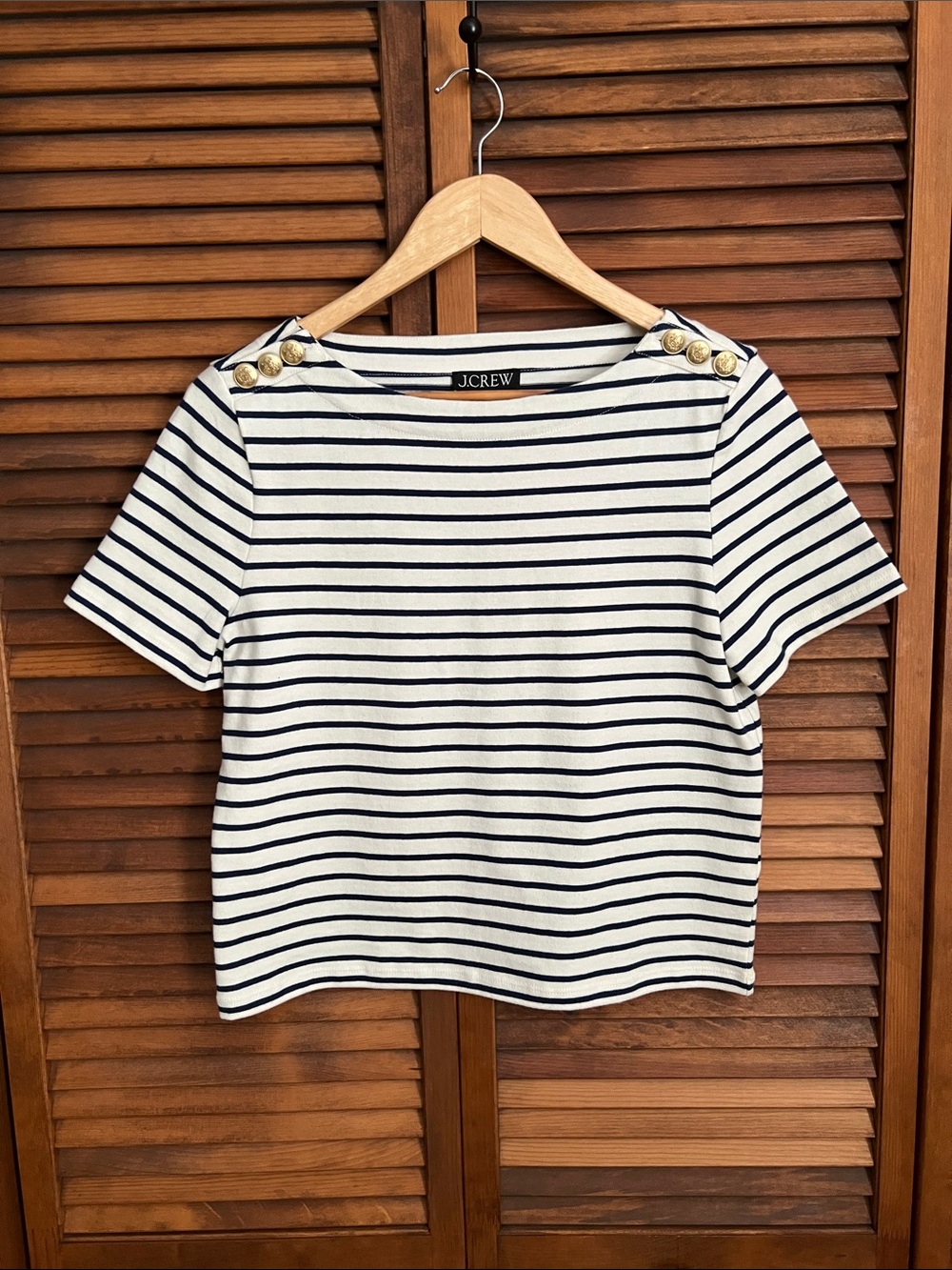 J. Crew White and Navy Striped Short Sleeve Boatneck Top with Gold Buttons